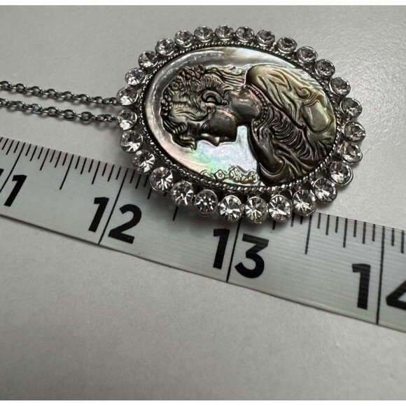 Vintage Abalone Cameo Pendant Brooch w Rhinestones on 24 Inch Silver Tone Chain - Picture 6 of 8